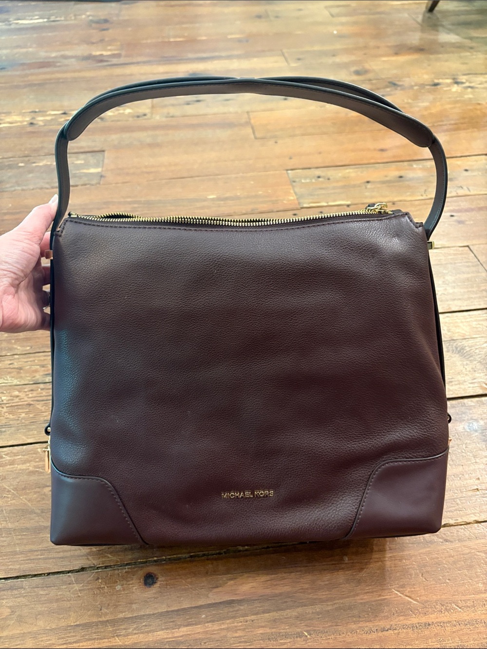 Michael Kors Brown Leather Shoulder Bag with Gold-Tone Hardware